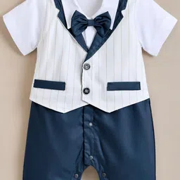 Hopscotch Boys Off White Bow Applique Striped Romper-picture-41