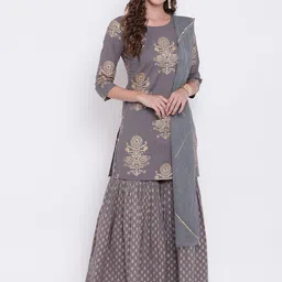 Chandbaali Ethnic Motifs Foil Printed Gotta Patti Pure Cotton Kurti With Sharara & Dupatta-image-4