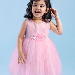 Babyhug Sleeveless Embroidered Party Frock With Floral Corsage- Pink-image-19