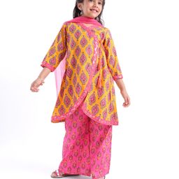 Babyhug 100% Cotton Woven Three Fourth Sleeves Angarakha Kurti & Palazzo Set With Shaded Dupatta Floral Print - Mustard-image-83