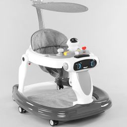 Baby Multifunctional Robotic Shape Adjustable Height Musical Activity Cum Push Walker with Canopy & Parental Push Handle- Grey-25