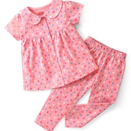 Babyhug Cotton Knit Single Jersey Half Sleeves Night Suit With Polka Dots Print - Pink-picture-21