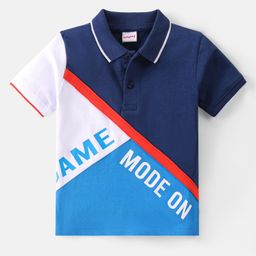 Babyhug  Cotton Knit Half Sleeves Polo T-Shirt with Text Print - Navy Blue & White-image-74