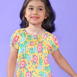 Babyhug Cotton Knit Half Sleeves Top with Smocking Detailing & Floral Print - Yellow-image-118