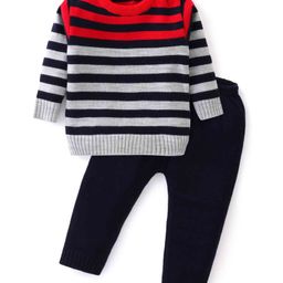 Babyhug Knit Full Sleeves Sweater Set With Stripes - Multicolour-image-97