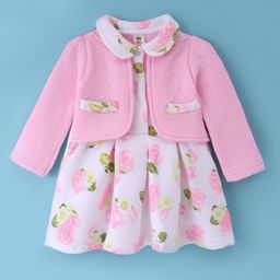 ToffyHouse Cotton Knit Full Sleeves Peter Pan Collared Floral Printed Frock With Attached Jacket - Pink-image-27