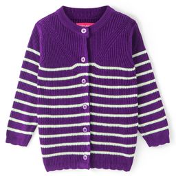 Honeyhap Premium Knitted Full Sleeves Striped Front Open Sweater - Purple-image-93