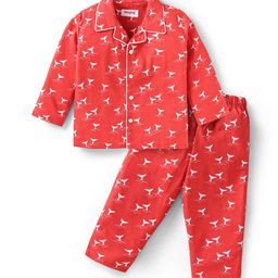 Babyhug Cotton Woven Full Sleeves Front Open Night Suit With Animal Print - Red-image-99