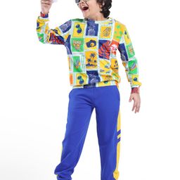 Ollington 100% Cotton Knit Full Sleeves Sweatshirt & Joggers Winter Wear Set With Tropical Beach Theme Print - Yellow & Blue-image-27