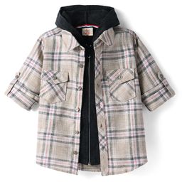 Rikidoos Full Sleeves Checked Shirt With Attached Hooded Tee - Beige & Dark Grey-image-98