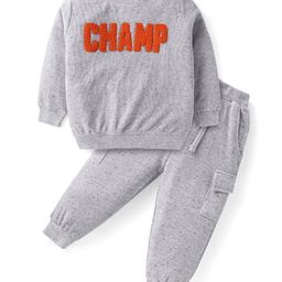 Babyhug Terry Knit Full Sleeves T-Shirt & Lounge Pant With Text Embroidered - Grey-image-60
