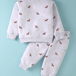 Little Kangaroos Fleece Knit Full Sleeves Deer Patch Winter Wear Sweatshirt & Joggers Set - Off White-image-66