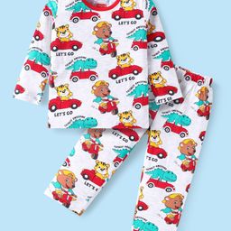 Babyhug Cotton Knit Full Sleeves Night Suit with Animal Print - Offwhite-image-76