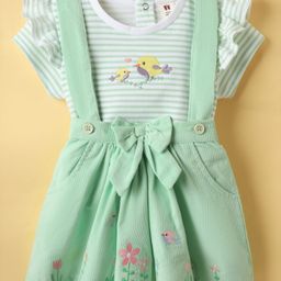 ToffyHouse Knitted Half Sleeves Striped Top & Skirt Set with Bow Applique Floral Embroidery - Sea Green & White-image-50
