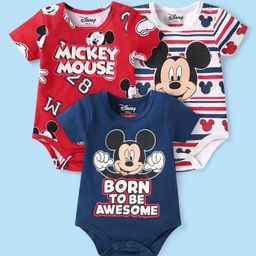Babyhug Disney Interlock Knit Half Sleeves Onesies with Mickey Mouse Graphics & Stripes Pack of 3 - White Red & Navy Blue-image-27