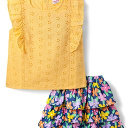 Babyhug Single Jersey Knit Frill Sleeves Schiffli Top & Skirt Set with Floral Print - Yellow & Navy Blue-image-87