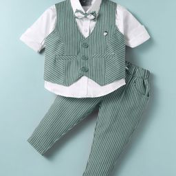 Dapper Dudes Full Sleeves Solid Shirt With Striped Waistcoat Bow & Pant Set - Green-image-66