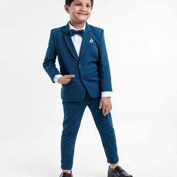 Babyhug Full Sleeves Stretch Fit 3 Piece Party Suit with Bow - Teal Blue-image-25