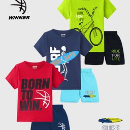 KUCHIPOO Cotton Blend Pack Of 3 Half Sleeves Surf Theme & Cycle Printed Tees & Coordinating Shorts Set - Red Navy Blue Green & Black-image-77