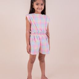 Snuggly MONKEY Poplin Sleeveless Checked Jumpsuit - White Pink & Blue-image-43