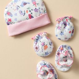 Ben Benny 100% Cotton Cap Mitten & Booties Set With Birds Print Pink - Diameter 9.5 cm-image-0