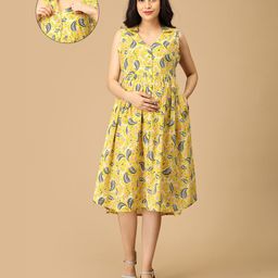 The Mom Store Sleeveless Leaves Printed Maternity Dress With Nursing Access - Yellow-image-62