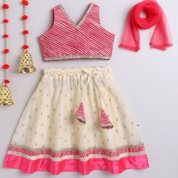Many frocks & Chanderi Woven Sleeveless Leheriya Printed & Gota Lace Embellished Lehenga Choli With Dupttta Set - Pink & Cream-image-40