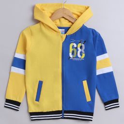 BUMZEE Fleece Knit Full Sleeves Colour Blocked Hooded Sweatjacket With Number Print - Yellow & Royal Blue-image-64