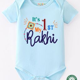BLUSHES 100% Cotton Knit Raksha Bandhan Theme Half Sleeves Its My 1st Rakhi Text Printed Onesie - Aqua Blue-image-96
