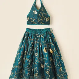 Saka Designs Satin Woven Sleeveless Choli Lehenga Set with Embroidery & Sequin Detailing - Teal Blue-picture-36