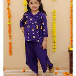 Junitos 100% Cotton Woven Three Fourth Sleeves Floral Foil Printed Angrakha Kurti With Harem Dhoti Set - Voilet-picture-4