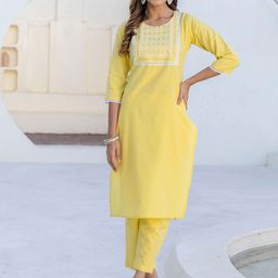 SKYLEE Floral Yoke Design Round Neck Mirror Work Straight Kurta With Trousers & Dupatta-20