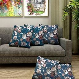 Blue Grass Blue & Brown 5 Pieces Floral Printed Satin Square Cushion Covers-image-71