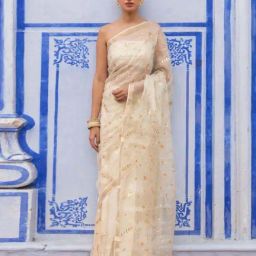 Geroo Jaipur Off White Hand Embroidered Gota Patti Pure Kota Silk Saree-image-63