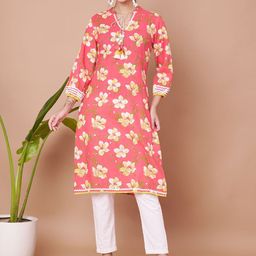 JAPER KURTI Floral Printed Tie-Up Neck Pure Cotton Straight Kurta-10
