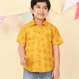 Fabindia Boys Yellow Cotton Printed Shirt-image-68
