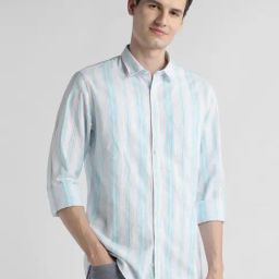 Peter England Blue Cotton Slim Fit Striped Shirt-picture-22