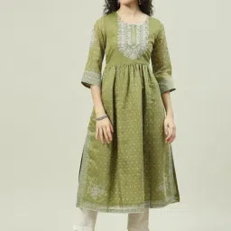 Biba Green Embroidered Flared Kurta-image-25