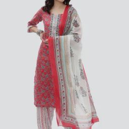 Biba Red & White Cotton Printed Unstitched Dress Material-picture-2