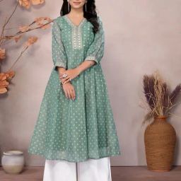 Rangita Green Chanderi Embroidered 3/4th sleeve Anarkali Kurta-image-37