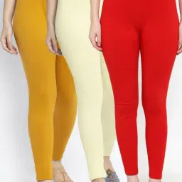 Gracit Red & Cream Mid Rise Leggings - Pack Of 3-image-91