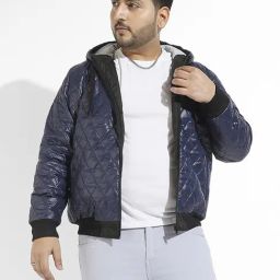 Instafab Plus Blue Regular fit Quilted Plus Size Hooded Jacket-image-20
