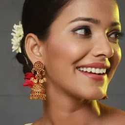 Aatmana Gold-Toned Red & Green Peacock Shaped Jhumki Earrings for Women image 4