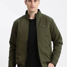 SHOWOFF Olive Nylon Slim Fit Solid Jacket-image-23