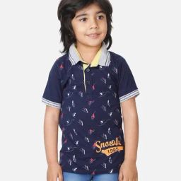 Fourfolds Kids Navy Blue Printed Regular Fit Polo T-Shirt-picture-44