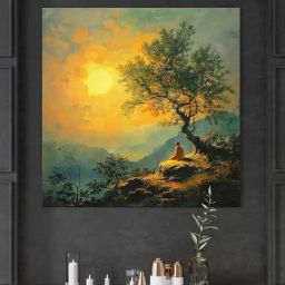 999Store Multicolor Canvas Showing A Monk Meditating On A Hill Painting-7