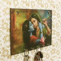 eCraftIndia Radhe Krishna Theme Wooden Key Holder with 6 Hooks image 1