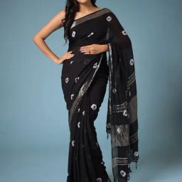 Zari Jaipur Black Linen Printed Saree With Unstitched Blouse-picture-3