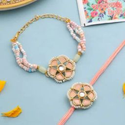 NVR Peach Color Artificial Stones & Pearls Bhaiya Bhabhi Rakhi With Roli Chawal Chandan & Mishri-44