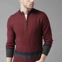 The Roadster Lifestyle Co Men Maroon Self Design Sweater-image-55